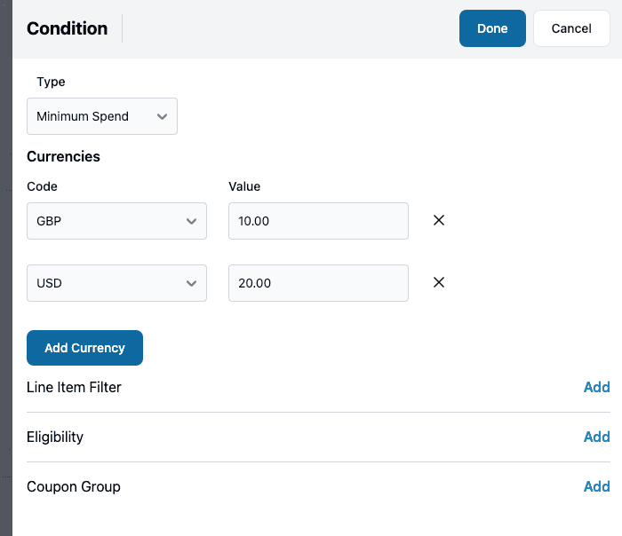 edit condition - min spend