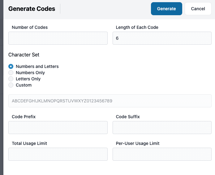 generate codes sidebar